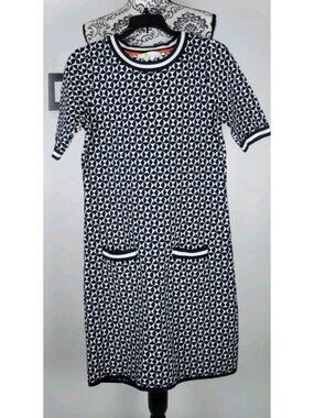 Boden Knit Sweater Dress Size 4 Navy White Geometric Jacquard Short Sleeve Pocke